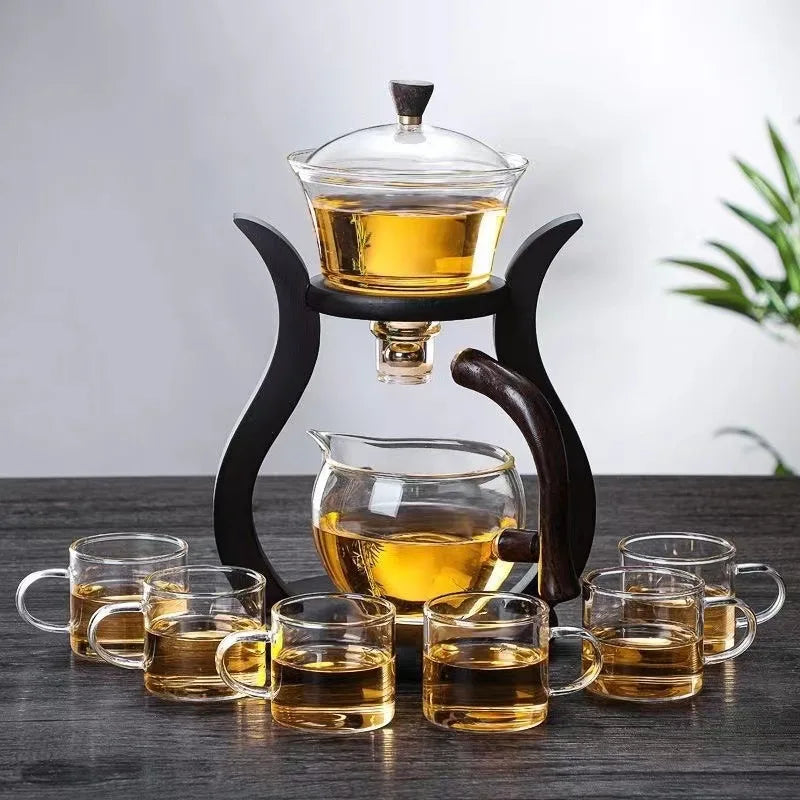 Lazy Kung Fu Glass Tea Set Semi Automatic Drip With Infuser Glass Teapot Set Magnetic Switch Teapot Teacup Set Glassware