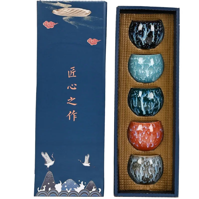 Gift Box & Five Elements Gift Box Kiln Change China Ceramic Tea Cup Porcelain Kung Fu Cups Set Pottery Coffee Mug Tableware Cup