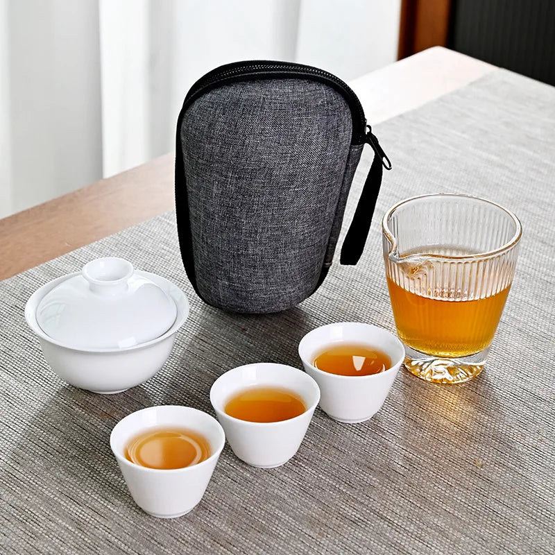 Chinese White Porcelain Kung Fu Tea Set Household Simple Outdoor Portable Travel Tea Set Pot Ceramic Cover Bowl