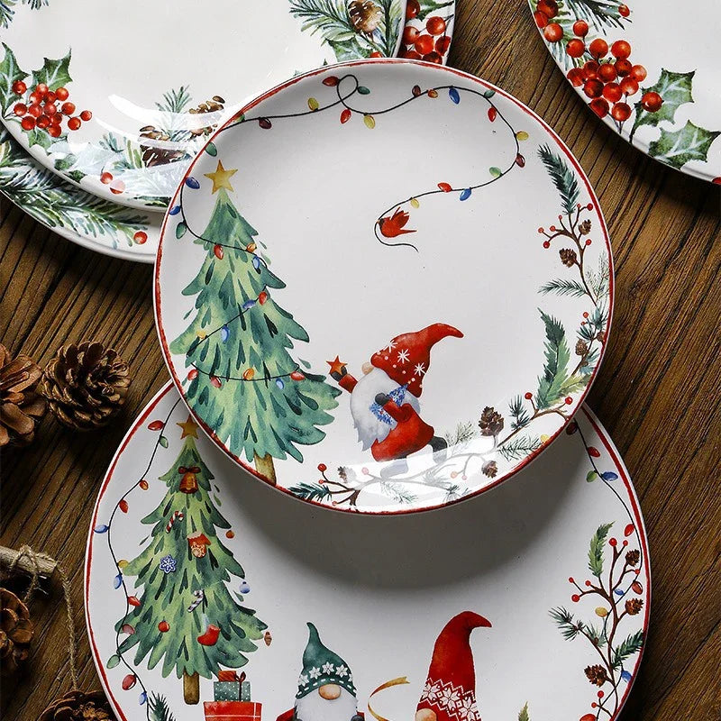 Creative Christmas Ceramic Dinner Plate Round Plate Santa Claus Tableware Dessert Dish Household Fruit Snack Western Plates