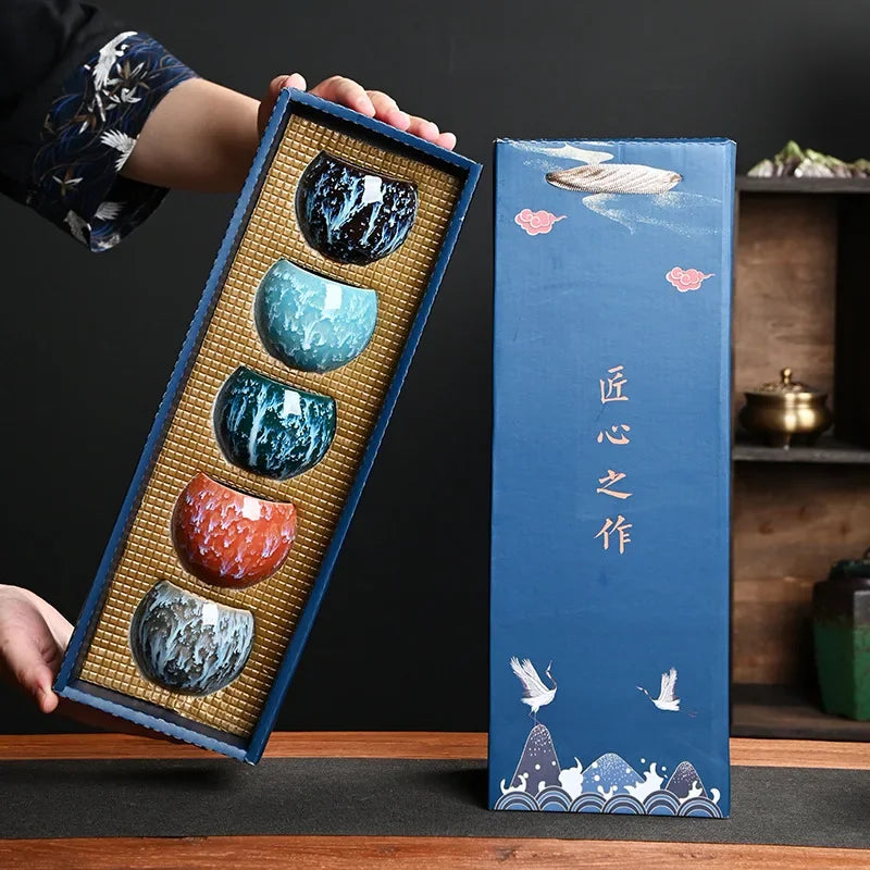 Gift Box & Five Elements Gift Box Kiln Change China Ceramic Tea Cup Porcelain Kung Fu Cups Set Pottery Coffee Mug Tableware Cup