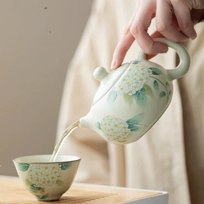 Beige Ru Kiln Teapot Hydrangea Xishi Pot Ceramic Kung Fu Tea Set Open Piece Can Keep Small Teapot Tea Brewer Tea Cups