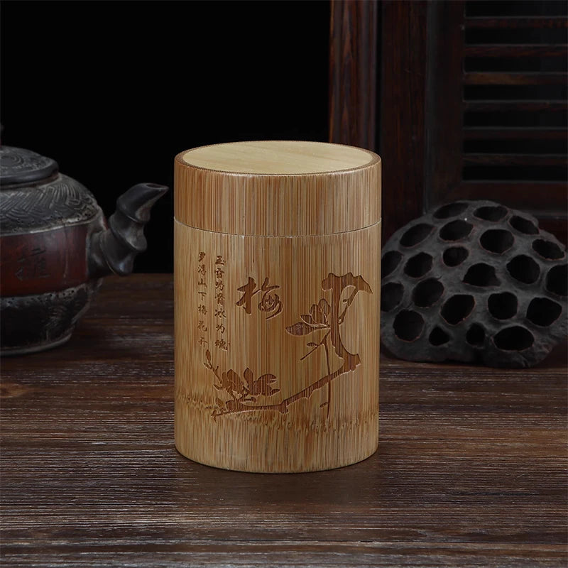 Handmade Bamboo Tea Storage Box Chinese Carved Tea Canister Lid Seal Kitchen Storage Jars Accessories Spice Box Case Organizer